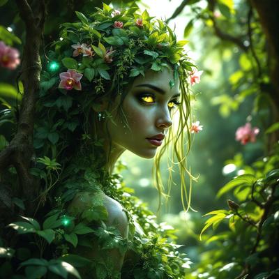 The primary subject of the image is a woman with green hair and a flower crown, standing in a forest. She is surrounded by greenery and flowers, creating a serene and natural atmosphere. The visual style of the image is a combination of photo and digital art, giving it a unique and artistic appearance. The colors in the image are predominantly green, which adds to the overall mood of the scene.